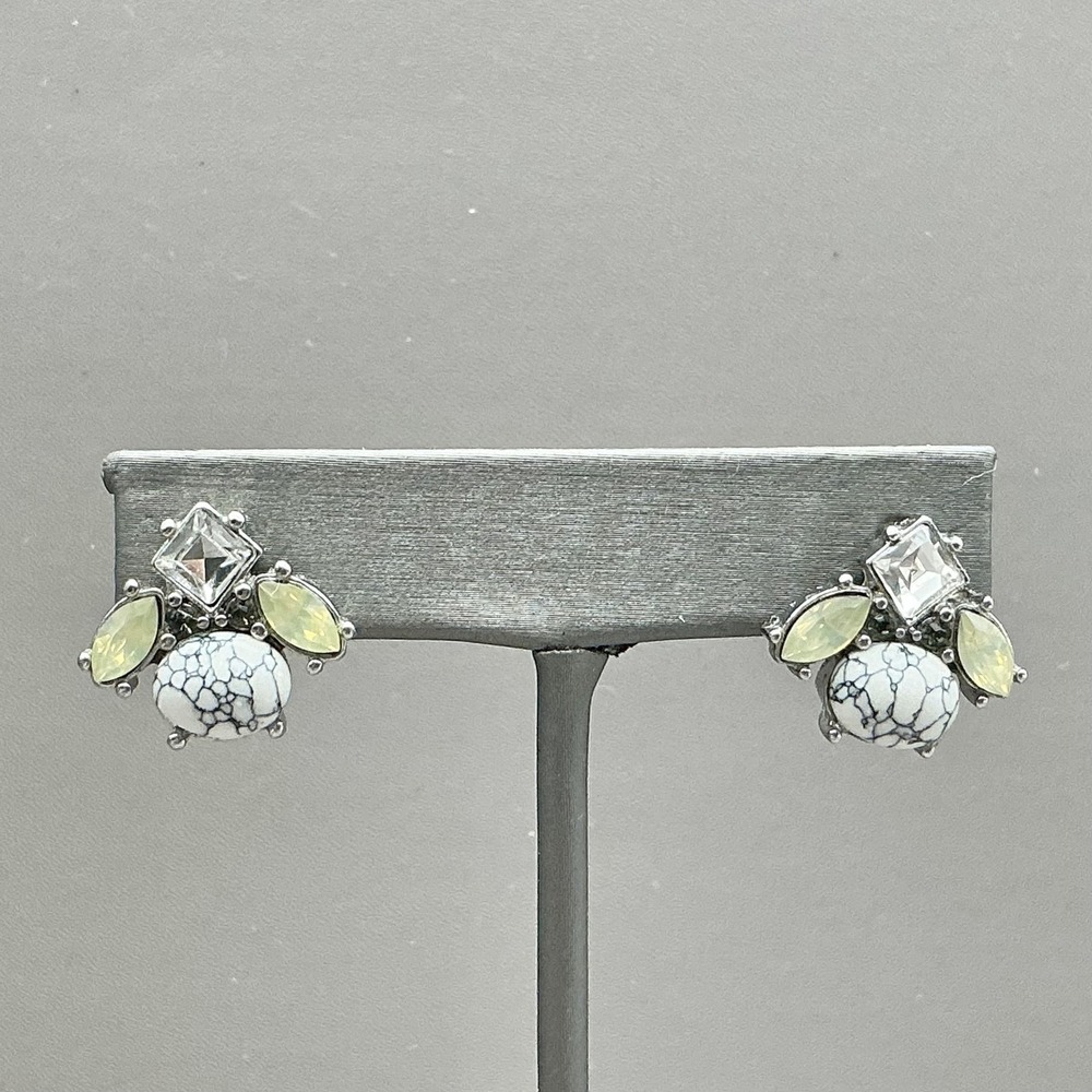 Earrings Stud Silver Tone White Marble‎ Look Yellow Navette Stones Womens Boho